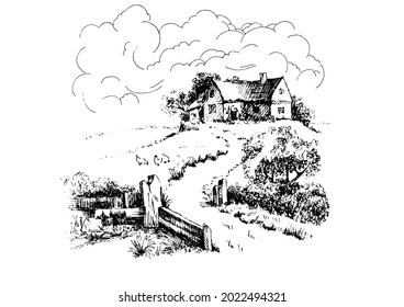 Rural scenery landscape panorama of countryside pastures. Green grass field on small hills. Vector sketch illustration