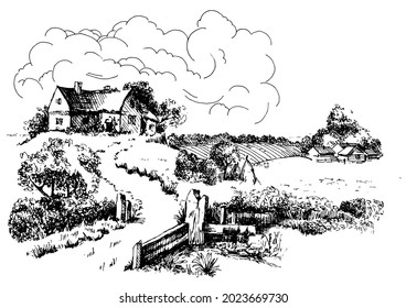 Rural scenery landscape panorama of countryside pastures. Green grass field on small hills. Vector sketch illustration