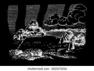 Rural scenery landscape panorama of countryside pastures. Green grass field on small hills. Vector sketch illustration