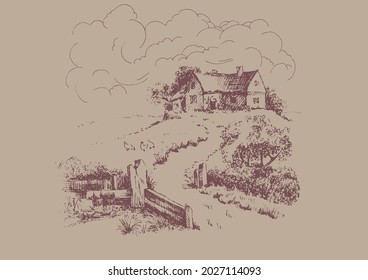 Rural scenery landscape panorama of countryside pastures. Green grass field on small hills. Vector sketch illustration