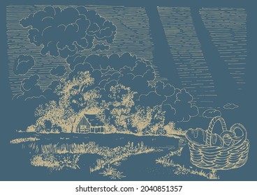 Rural scenery landscape panorama of countryside pastures. Green grass field on small hills. Vector sketch illustration