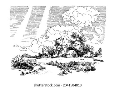 Rural scenery landscape panorama of countryside pastures. Green grass field on small hills. Vector sketch illustration