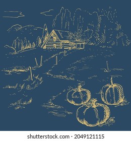 Rural scenery landscape panorama of countryside pastures. Green grass field on small hills. Vector sketch illustration