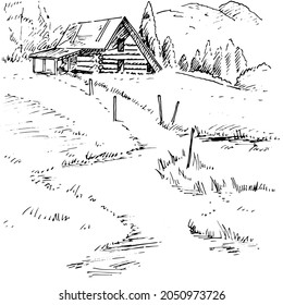 Rural scenery landscape panorama of countryside pastures. Green grass field on small hills. Vector sketch illustration