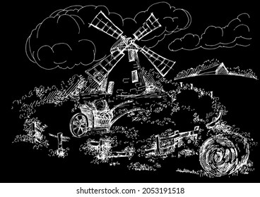 Rural scenery landscape panorama of countryside pastures. Green grass field on small hills. Vector sketch illustration