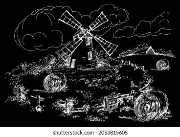 Rural scenery landscape panorama of countryside pastures. Green grass field on small hills. Vector sketch illustration