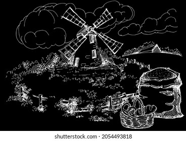 Rural scenery landscape panorama of countryside pastures. Green grass field on small hills. Vector sketch illustration