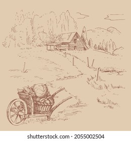Rural scenery landscape panorama of countryside pastures. Green grass field on small hills. Vector sketch illustration