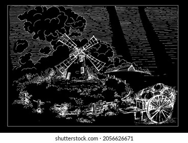 Rural scenery landscape panorama of countryside pastures. Green grass field on small hills. Vector sketch illustration