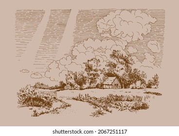 Rural scenery landscape panorama of countryside pastures. Green grass field on small hills. Vector sketch illustration