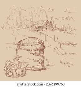 Rural scenery landscape panorama of countryside pastures. Green grass field on small hills. Vector sketch illustration