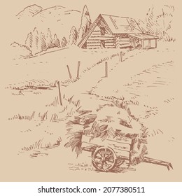 Rural scenery landscape panorama of countryside pastures. Green grass field on small hills. Vector sketch illustration