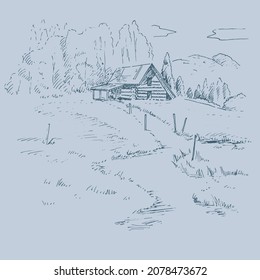 Rural scenery landscape panorama of countryside pastures. Green grass field on small hills. Vector sketch illustration