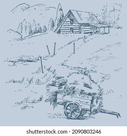 Rural scenery landscape panorama of countryside pastures. Green grass field on small hills. Vector sketch illustration
