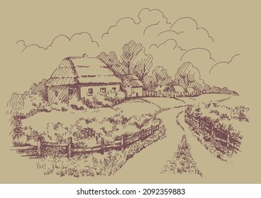 Rural scenery landscape panorama of countryside pastures. Green grass field on small hills. Vector sketch illustration