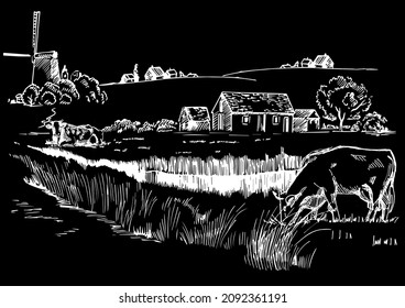 Rural scenery landscape panorama of countryside pastures. Green grass field on small hills. Vector sketch illustration