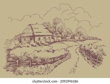 Rural scenery landscape panorama of countryside pastures. Green grass field on small hills. Vector sketch illustration