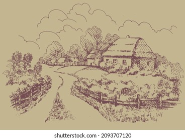 Rural scenery landscape panorama of countryside pastures. Green grass field on small hills. Vector sketch illustration