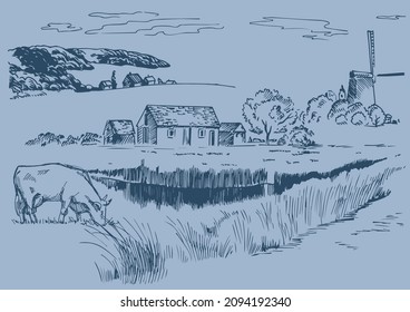 Rural scenery landscape panorama of countryside pastures. Green grass field on small hills. Vector sketch illustration