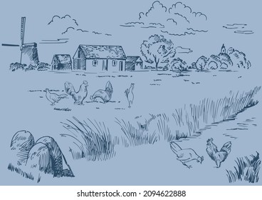Rural scenery landscape panorama of countryside pastures. Green grass field on small hills. Vector sketch illustration