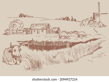 Rural scenery landscape panorama of countryside pastures. Green grass field on small hills. Vector sketch illustration
