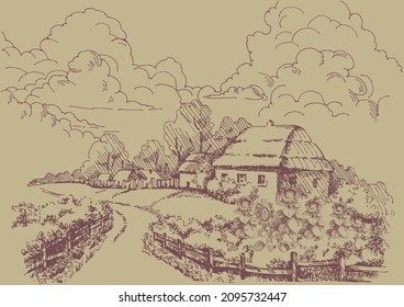 Rural scenery landscape panorama of countryside pastures. Green grass field on small hills. Vector sketch illustration