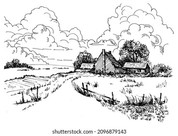 Rural scenery landscape panorama of countryside pastures. Green grass field on small hills. Vector sketch illustration