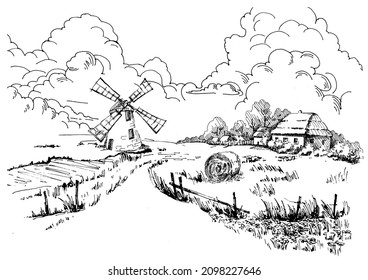 Rural scenery landscape panorama of countryside pastures. Green grass field on small hills. Vector sketch illustration