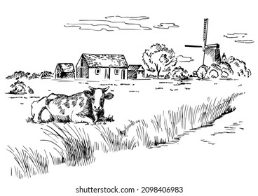 Rural scenery landscape panorama of countryside pastures. Green grass field on small hills. Vector sketch illustration