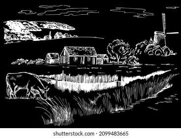 Rural scenery landscape panorama of countryside pastures. Green grass field on small hills. Vector sketch illustration