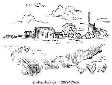 Rural scenery landscape panorama of countryside pastures. Green grass field on small hills. Vector sketch illustration