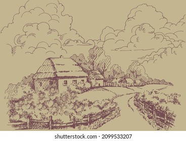 Rural scenery landscape panorama of countryside pastures. Green grass field on small hills. Vector sketch illustration