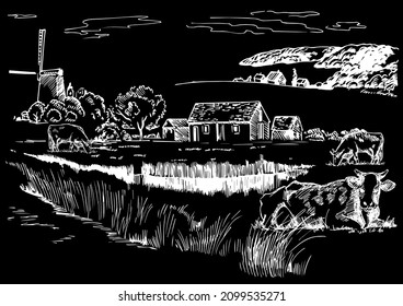 Rural scenery landscape panorama of countryside pastures. Green grass field on small hills. Vector sketch illustration
