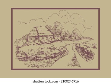 Rural scenery landscape panorama of countryside pastures. Green grass field on small hills. Vector sketch illustration