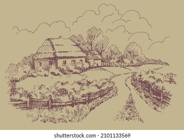 Rural scenery landscape panorama of countryside pastures. Green grass field on small hills. Vector sketch illustration