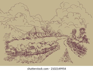Rural scenery landscape panorama of countryside pastures. Green grass field on small hills. Vector sketch illustration