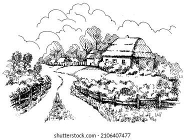 Rural scenery landscape panorama of countryside pastures. Green grass field on small hills. Vector sketch illustration