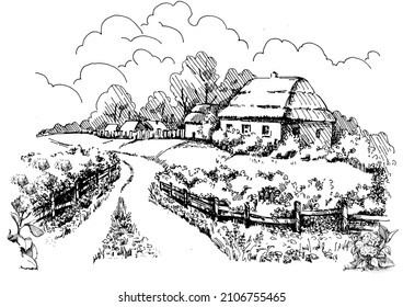 Rural scenery landscape panorama of countryside pastures. Green grass field on small hills. Vector sketch illustration