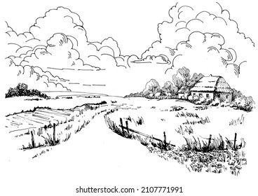 Rural scenery landscape panorama of countryside pastures. Green grass field on small hills. Vector sketch illustration