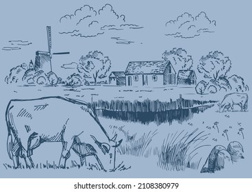 Rural scenery landscape panorama of countryside pastures. Green grass field on small hills. Vector sketch illustration