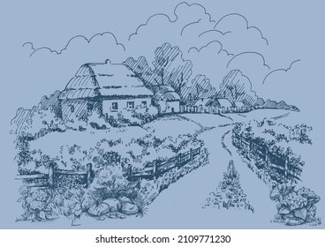 Rural scenery landscape panorama of countryside pastures. Green grass field on small hills. Vector sketch illustration