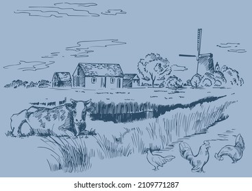 Rural scenery landscape panorama of countryside pastures. Green grass field on small hills. Vector sketch illustration