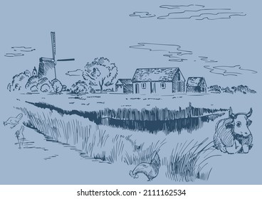 Rural scenery landscape panorama of countryside pastures. Green grass field on small hills. Vector sketch illustration