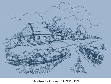Rural scenery landscape panorama of countryside pastures. Green grass field on small hills. Vector sketch illustration