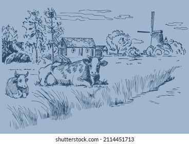 Rural scenery landscape panorama of countryside pastures. Green grass field on small hills. Vector sketch illustration
