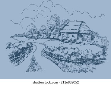 Rural scenery landscape panorama of countryside pastures. Green grass field on small hills. Vector sketch illustration
