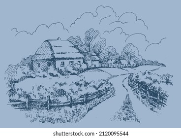 Rural scenery landscape panorama of countryside pastures. Green grass field on small hills. Vector sketch illustration
