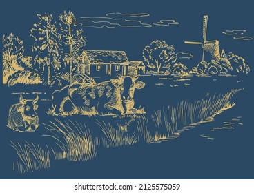 Rural scenery landscape panorama of countryside pastures. Green grass field on small hills. Vector sketch illustration