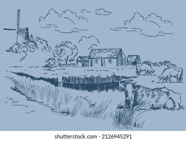 Rural scenery landscape panorama of countryside pastures. Green grass field on small hills. Vector sketch illustration

