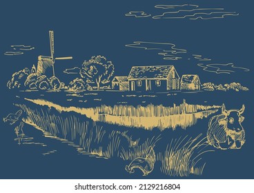 Rural scenery landscape panorama of countryside pastures. Green grass field on small hills. Vector sketch illustration
